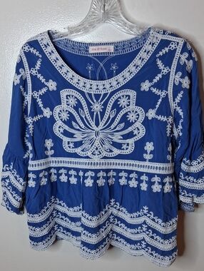 Ana and Rose Women's Size Large Royal Blue Embroidered Tunic Top. Boho